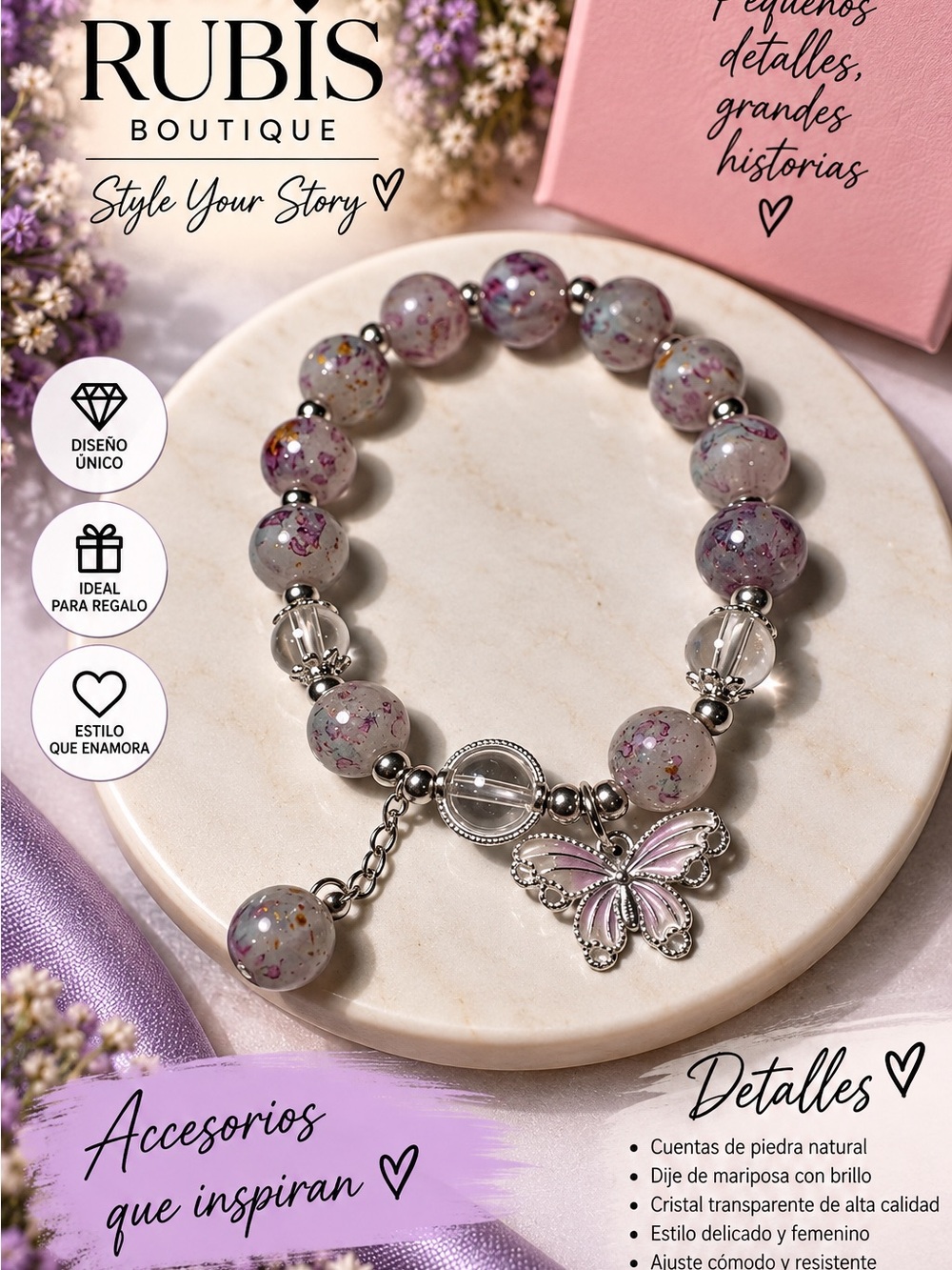 Pink & Silver Butterfly Bead Bracelet